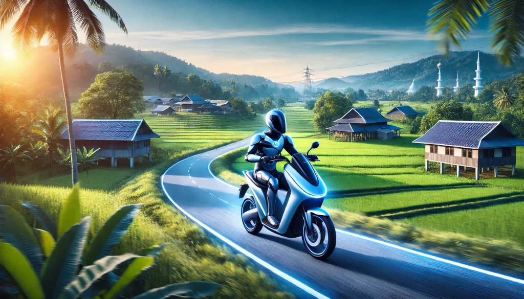 A sleek and modern electric two-wheeler vehicle with a streamlined body and futuristic features rides through the Malaysian countryside. The entire scene, including rolling hills, palm trees, and traditional Malaysian houses, is tinted with blue hues. The sky is clear and blue, with sunlight illuminating the serene and picturesque environment.